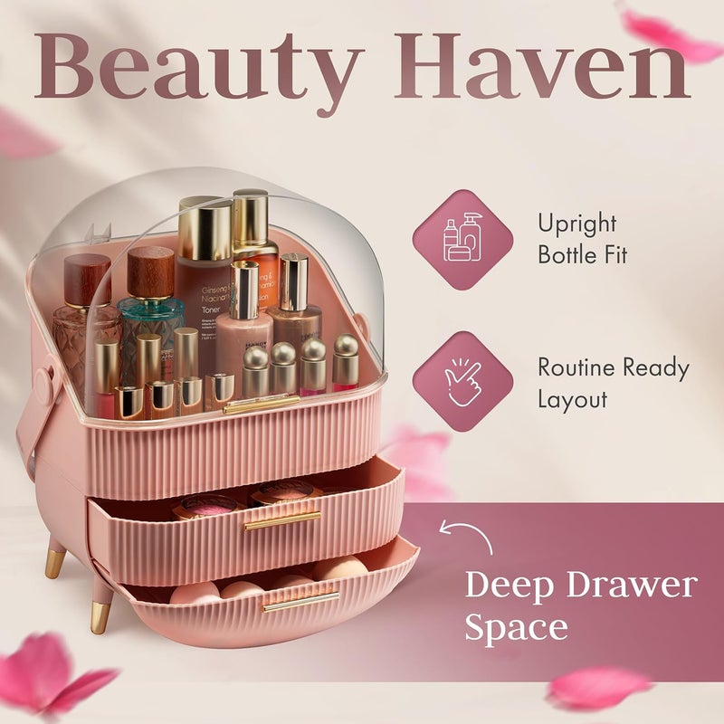 Oizeir Covered Makeup Cosmetic Countertop - Large Cosmetic Organizer - Trendy Oval Shape Storage for Skin Care Organizer - Clear Lid, Storage Drawers, Carry Handle - Cute Stylish Decor Solution (Pink) - Image 5